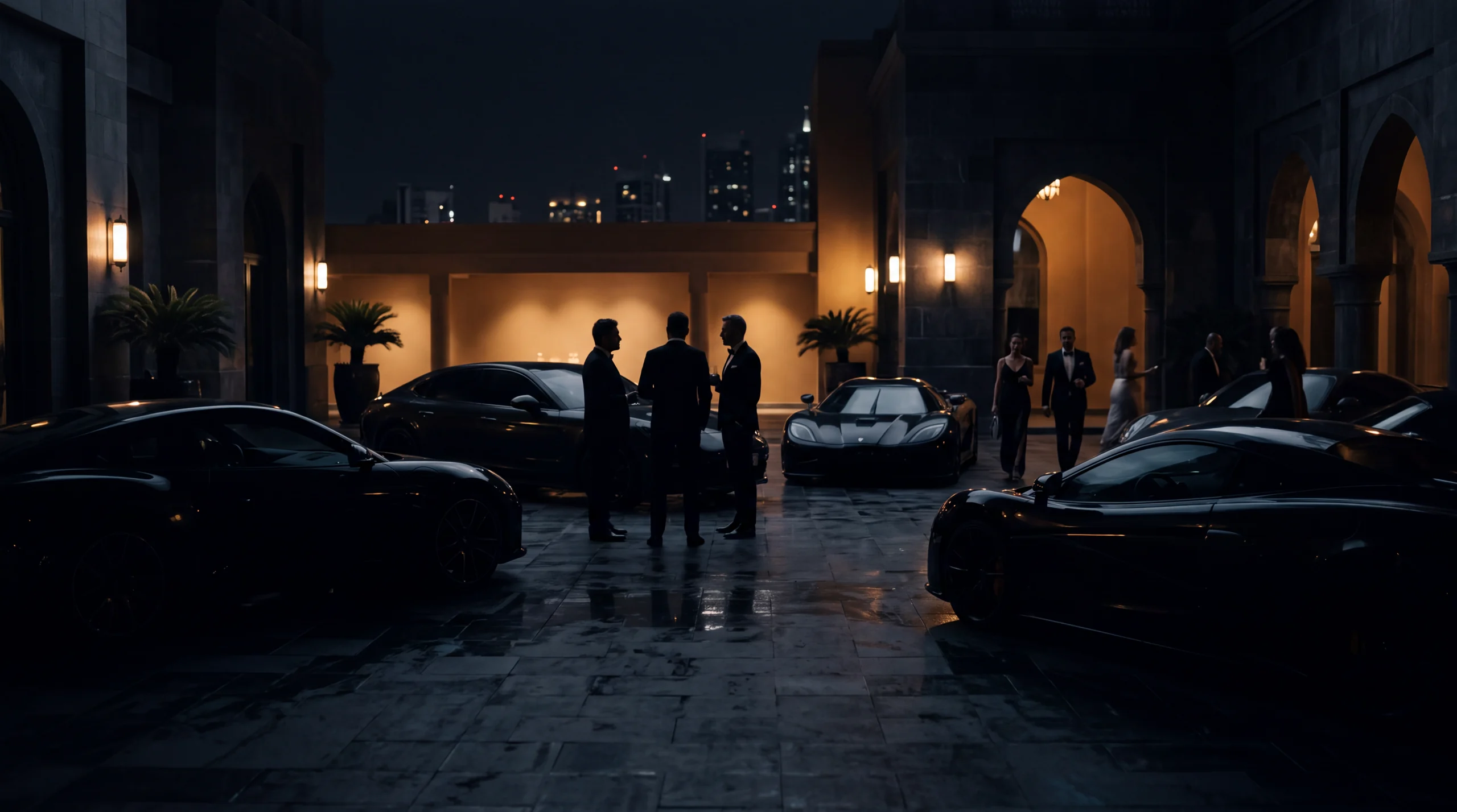 A fictional carbon-fibre hypercar in a desert pavilion